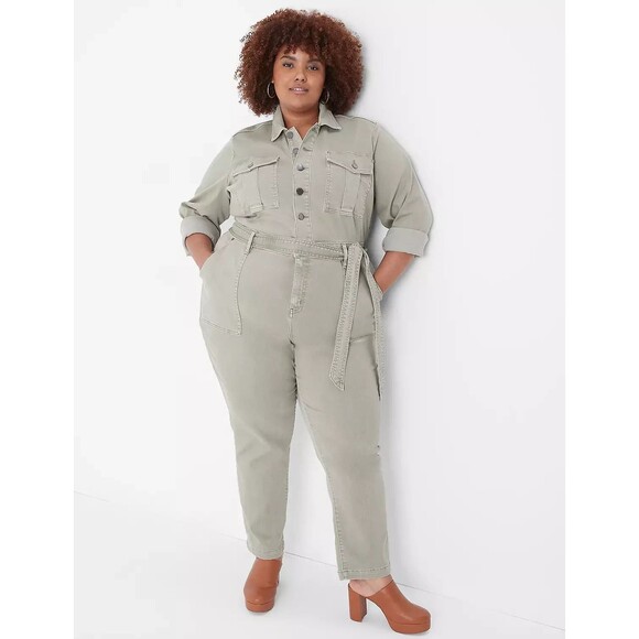 LANE BRYANT Olive Green Denim Jumpsuit 16 Petite Belted Straight Leg Utility 70s - Picture 1 of 16